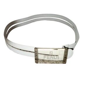 Fendi Jeans Designer Belt White With Vinyl Fendi Print & Resin Buckle Silver